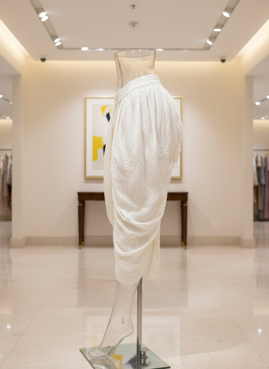 Close-up of White Chikankari embroidery Dhoti Pants Tulip Trousers Leg