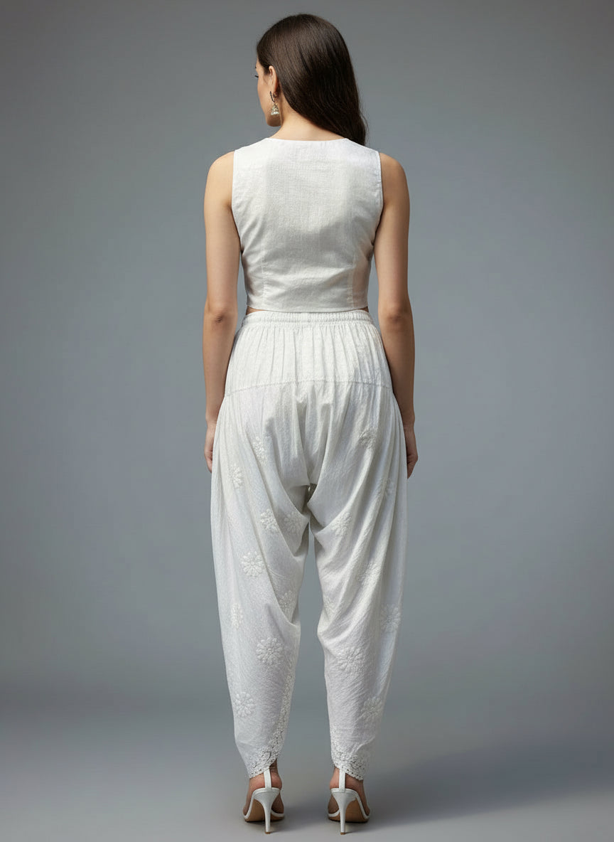 Rear view of White Chikankari embroidery Dhoti Pants Tulip Trousers