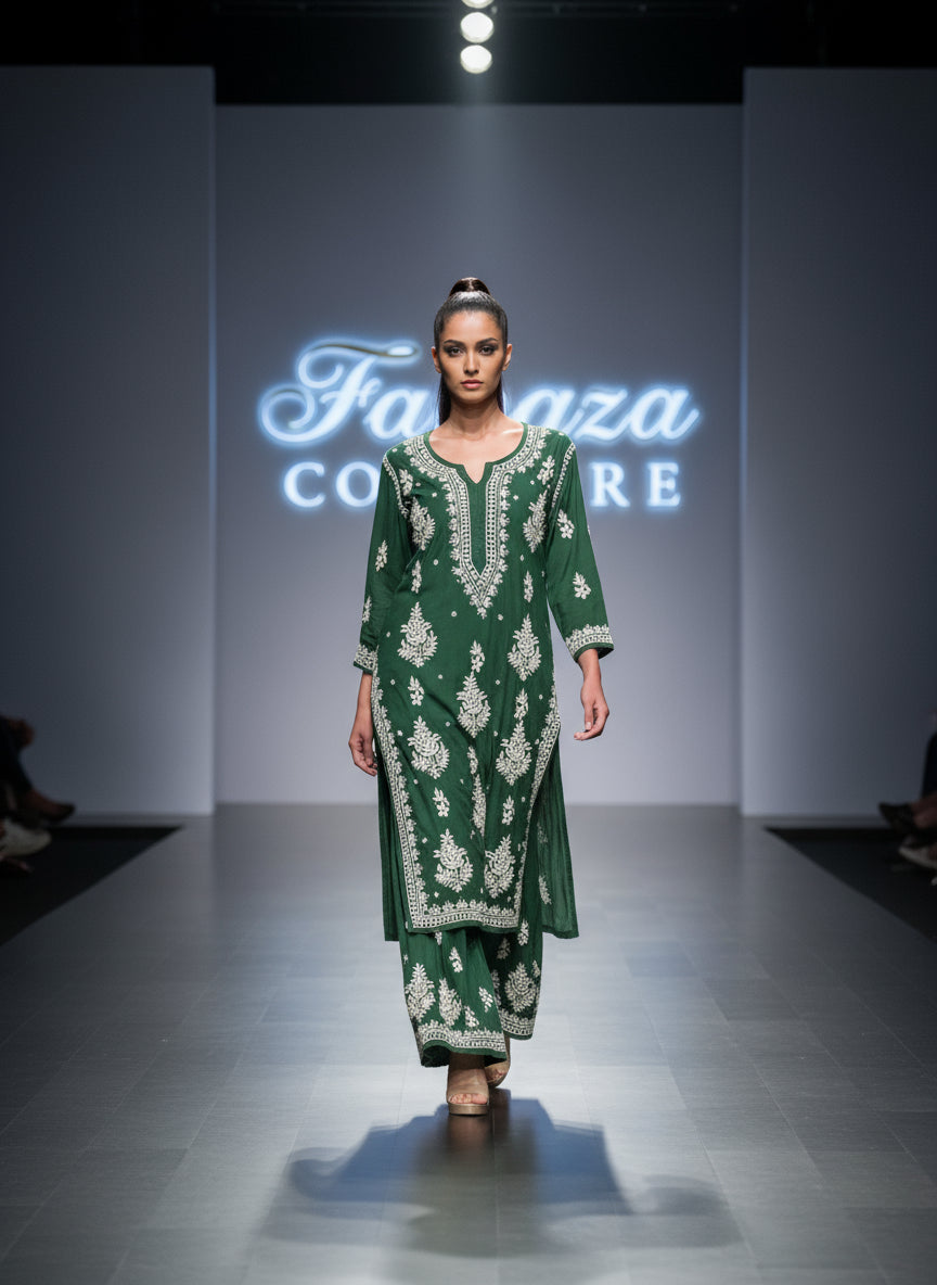Bottle Green Chikankari embroidered kurti & palazzo set
