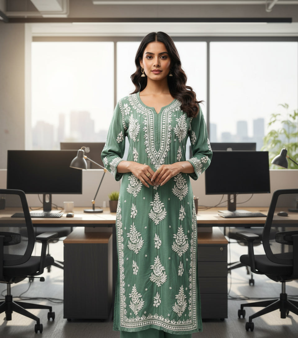 Green Chikankari embroidered kurti & palazzo set