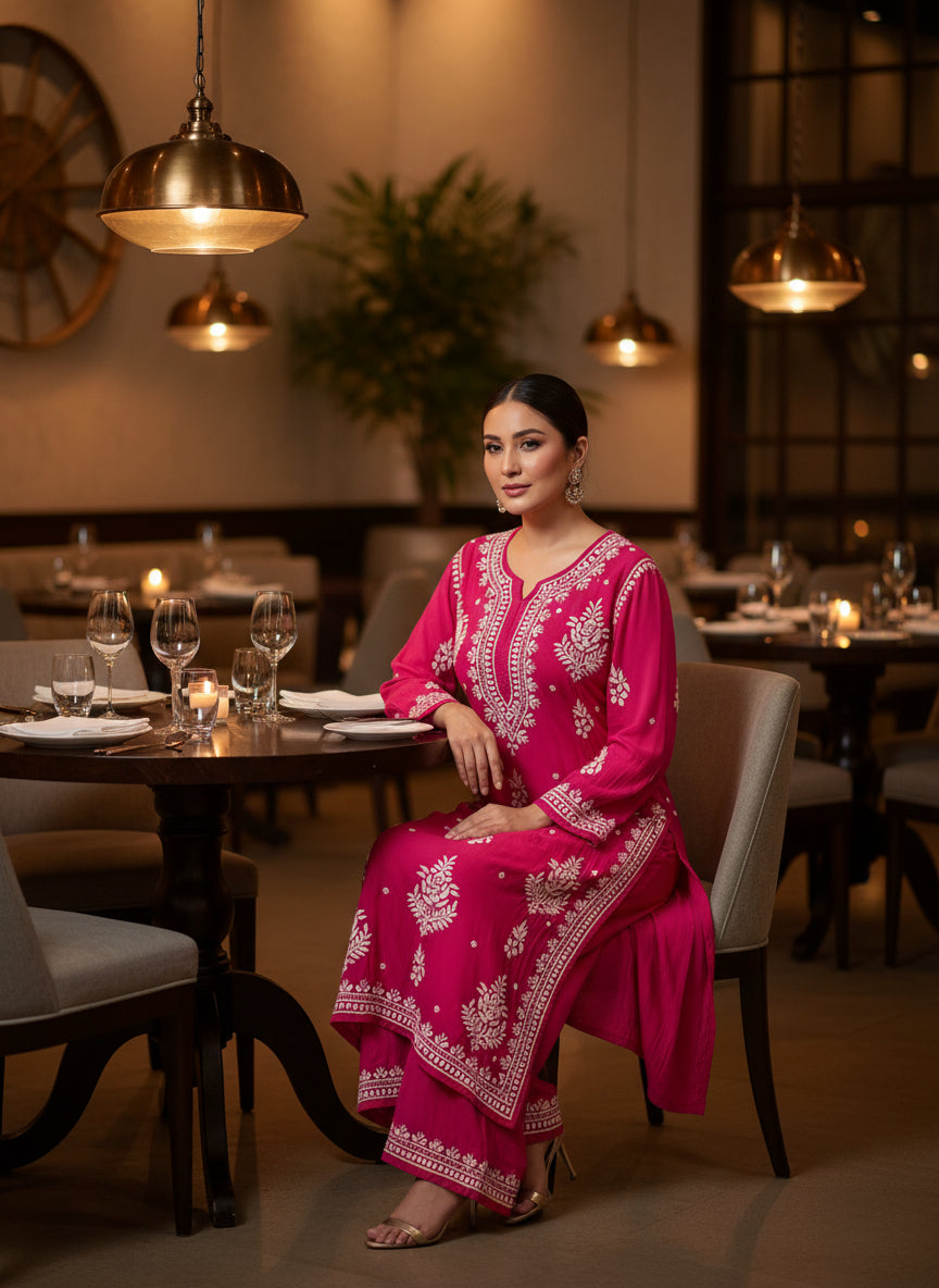 Magenta Chikankari embroidered kurti & palazzo set