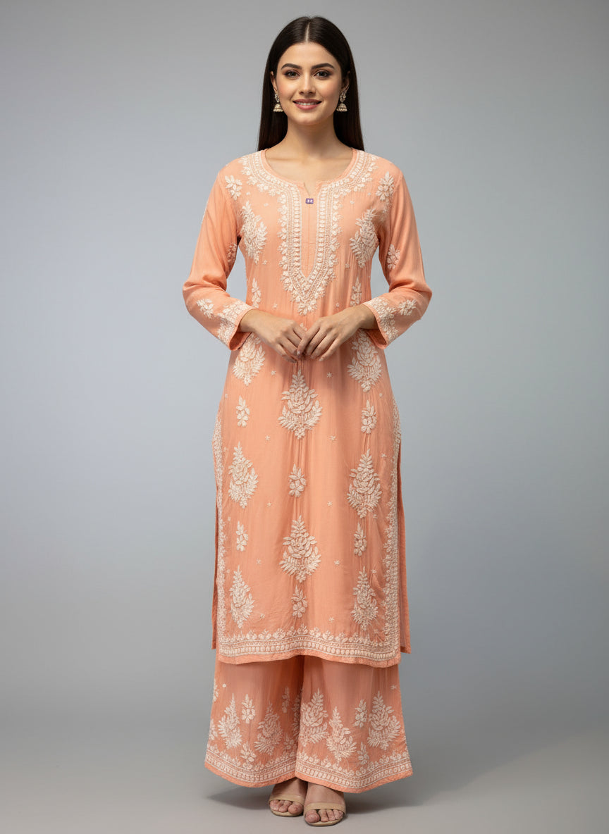Peach Chikankari embroidered kurti & palazzo set