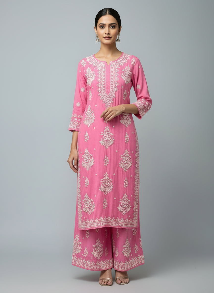 Pink Chikankari embroidered kurti & palazzo set