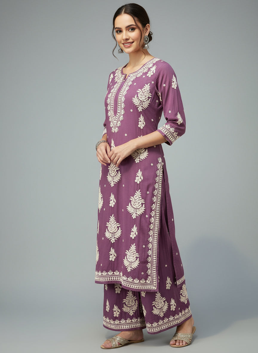 Purple Chikankari embroidered kurti & palazzo set