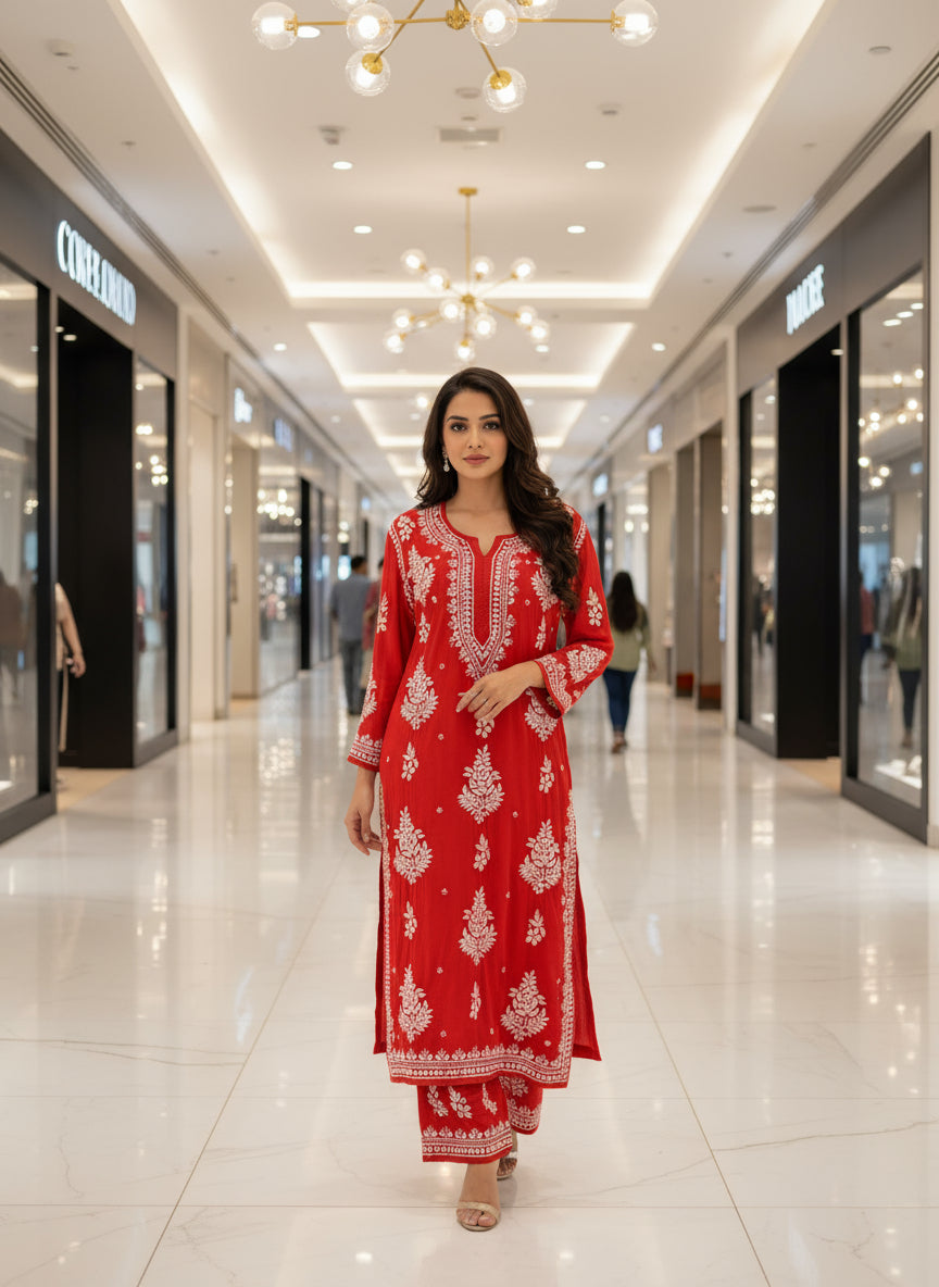 Red Chikankari embroidered kurti & palazzo set