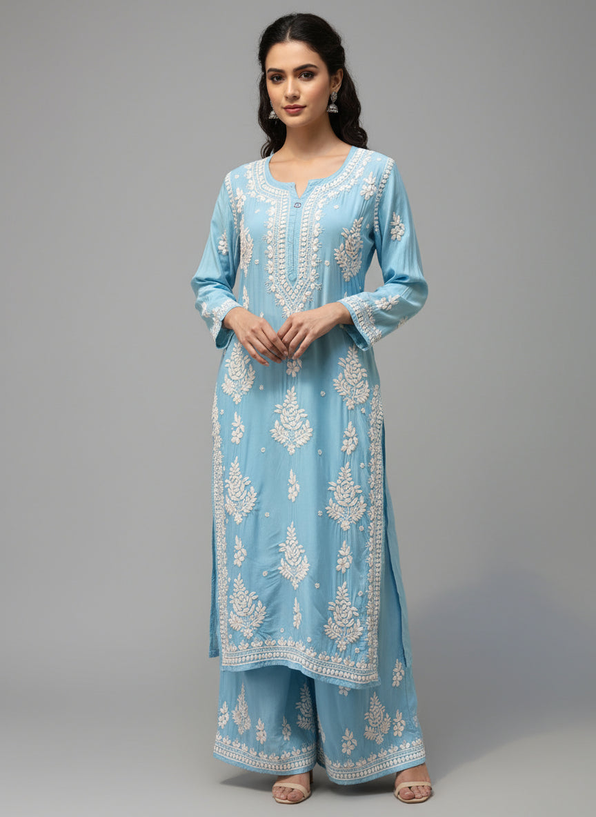 Sky Blue Chikankari embroidered kurti & palazzo set