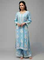 Sky Blue Chikankari embroidered kurti & palazzo set