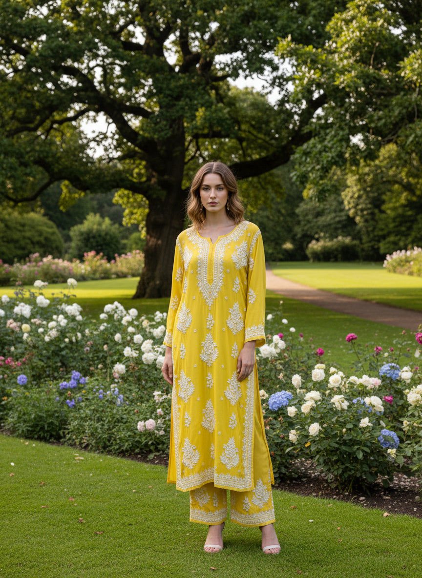 Yellow Chikankari embroidered kurti & palazzo set