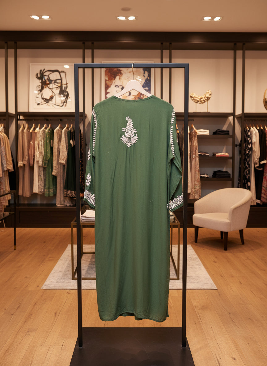 Rear view of Bottle green chikankari embroidered kurti from a kurti & palazzo set