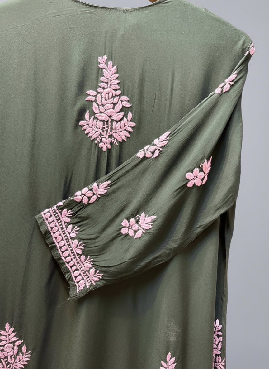Sleeve close up view of Bottle green chikankari embroidered kurti from a kurti & palazzo set