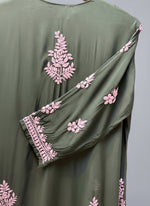 Sleeve close up view of Bottle green chikankari embroidered kurti from a kurti & palazzo set