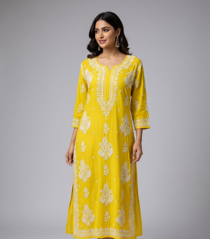 Yellow Chikankari embroidered kurti from palazzo set