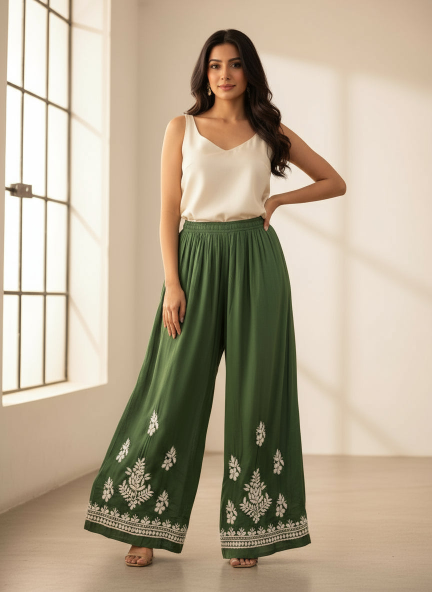 Bottle green Palazzo from chikankari embroidered kurti & palazzo set