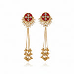 filigree jhumka earrings featuring a deep maroon pear-shaped crystal stud and white pearl fringe.