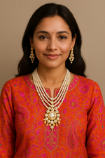 Five Layer Imitation Pearl Necklace Set with Kundan Pendant & Earrings