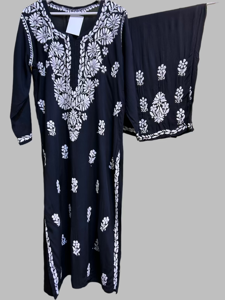Floral chikankari kurti palazzo set in black with white embroidery