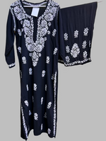 Floral chikankari kurti palazzo set in black with white embroidery