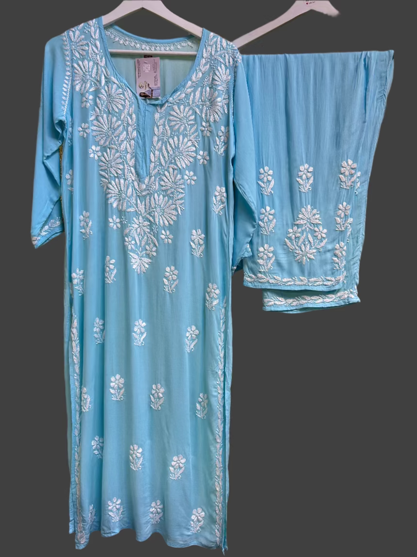 Floral chikankari kurti palazzo set in sky blue with white embroidery