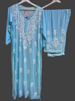 Floral chikankari kurti palazzo set in sky blue with white embroidery