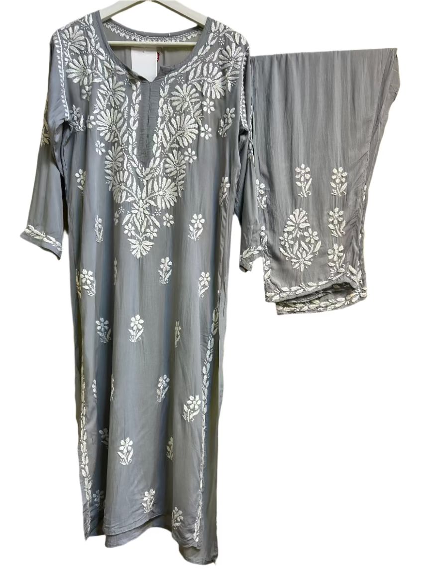 Floral chikankari kurti palazzo set in grey with white embroidery