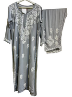 Floral chikankari kurti palazzo set in grey with white embroidery