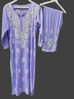 Floral chikankari kurti palazzo set in lavender with white embroidery