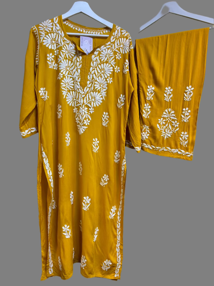 Floral chikankari kurti palazzo set in mustard with white embroidery