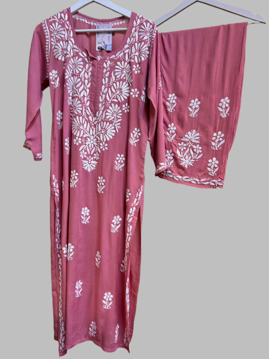 Floral chikankari kurti palazzo set in tea pink with white embroidery