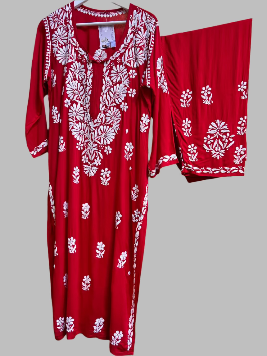 Floral chikankari kurti palazzo set in red with white embroidery