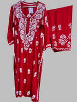 Floral chikankari kurti palazzo set in red with white embroidery