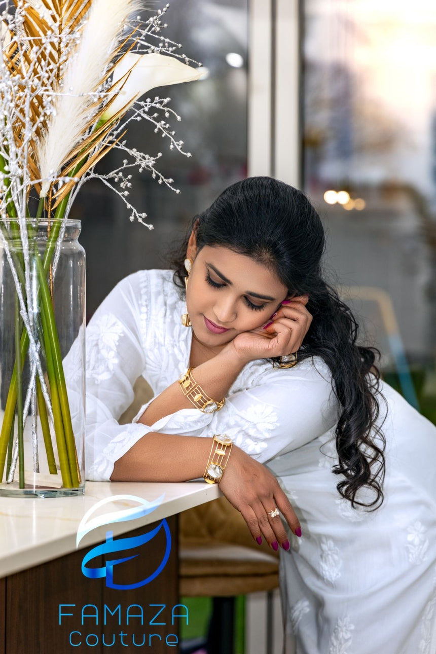 model with Floral chikankari kurti palazzo set in white with white embroidery