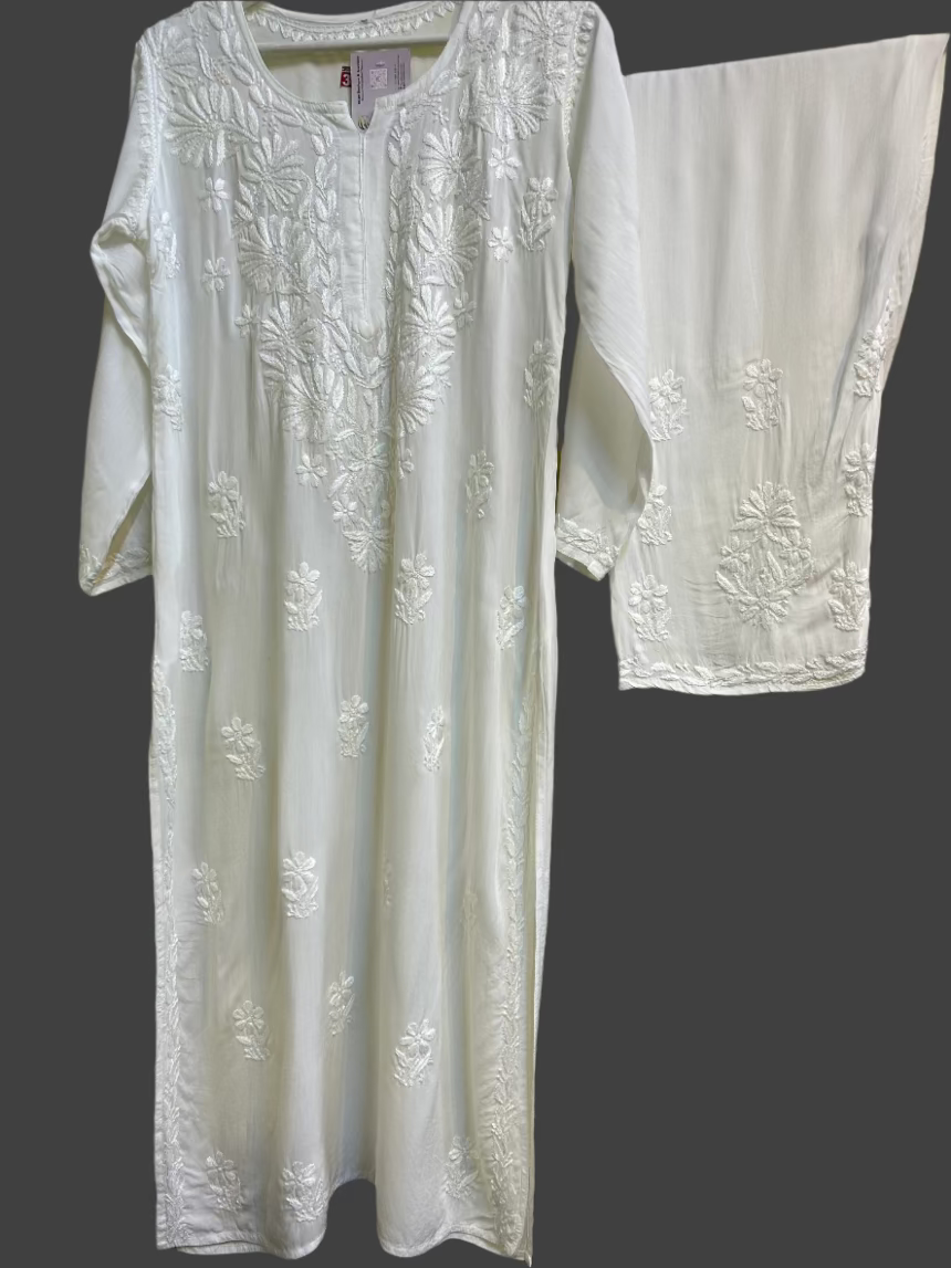 Floral chikankari kurti palazzo set in white with white embroidery