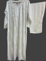 Floral chikankari kurti palazzo set in white with white embroidery