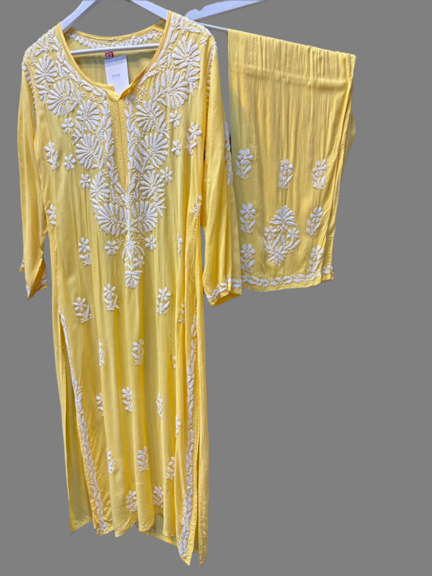 Floral chikankari kurti palazzo set in yellow with white embroidery