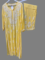 Floral chikankari kurti palazzo set in yellow with white embroidery