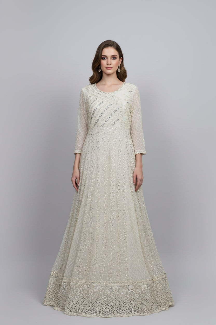 front view of Beige colour long chiffon maxi dress