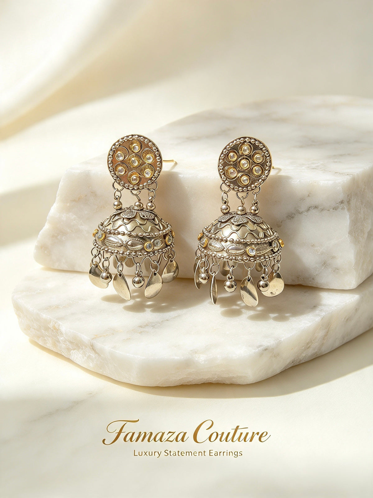 Dual-tone kundan jhumka earrings on pale stone, with antique silver-tone domes, gold-tone accents and dangling teardrop charms.