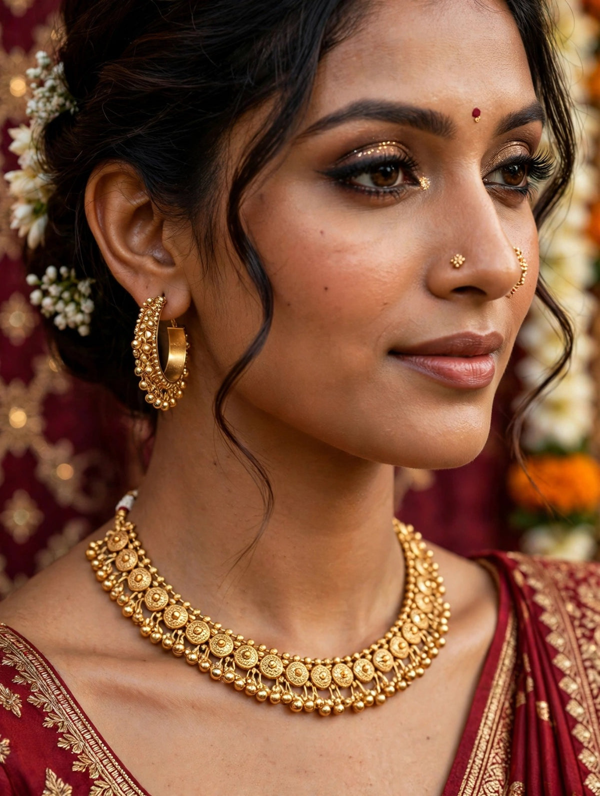 Model in a maroon embroidered outfit wearing the Gilded Grace gold-toned choker and a matching hoop earring