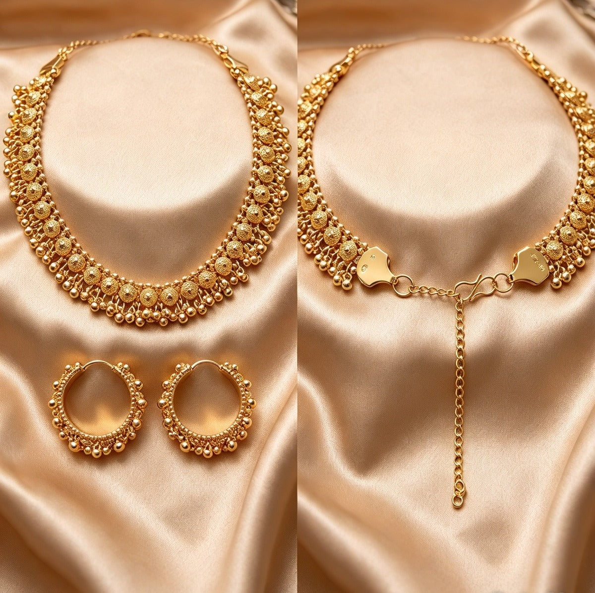 Front and back views of the Gilded Grace choker on satin, showing matching hoops, hook fastening and extender chain