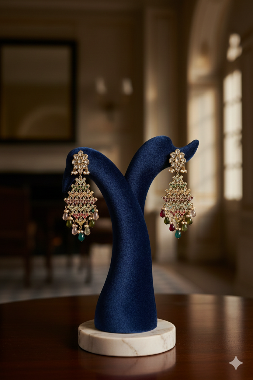 Gold plated multicolour stone chandelier earrings on white backgroundStatement chandelier earrings with multicolour stonesParty wear gold earrings UKBridal earrings gold plated stonesFamaza Couture earrings jewellery