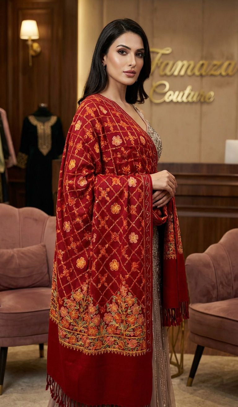 gold-red-maple-leaf-design-kashmiri-shawl-famaza-couture