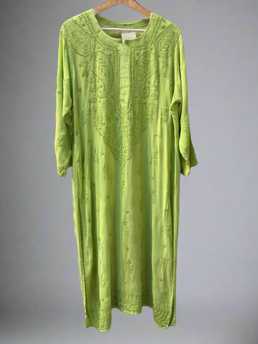 green chikankari viscose long kurti
