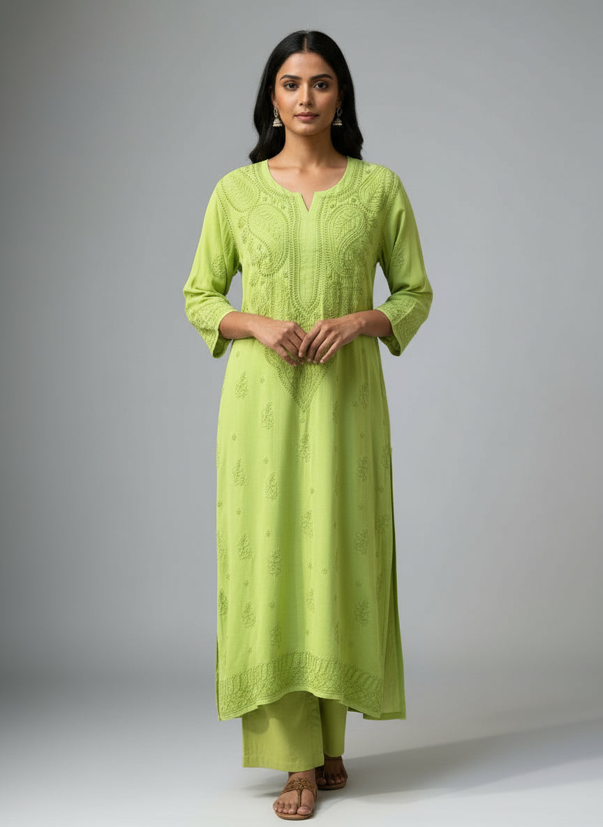green chikankari viscose long kurti