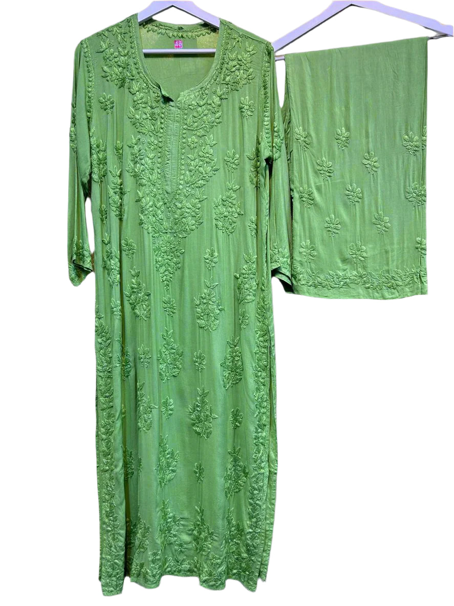 Trending Green Chikankari Kurti with Palazzo Pants Set Famazacouture