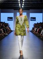 green short kurti in tie & dye style with white machine embroidery by famaza couture