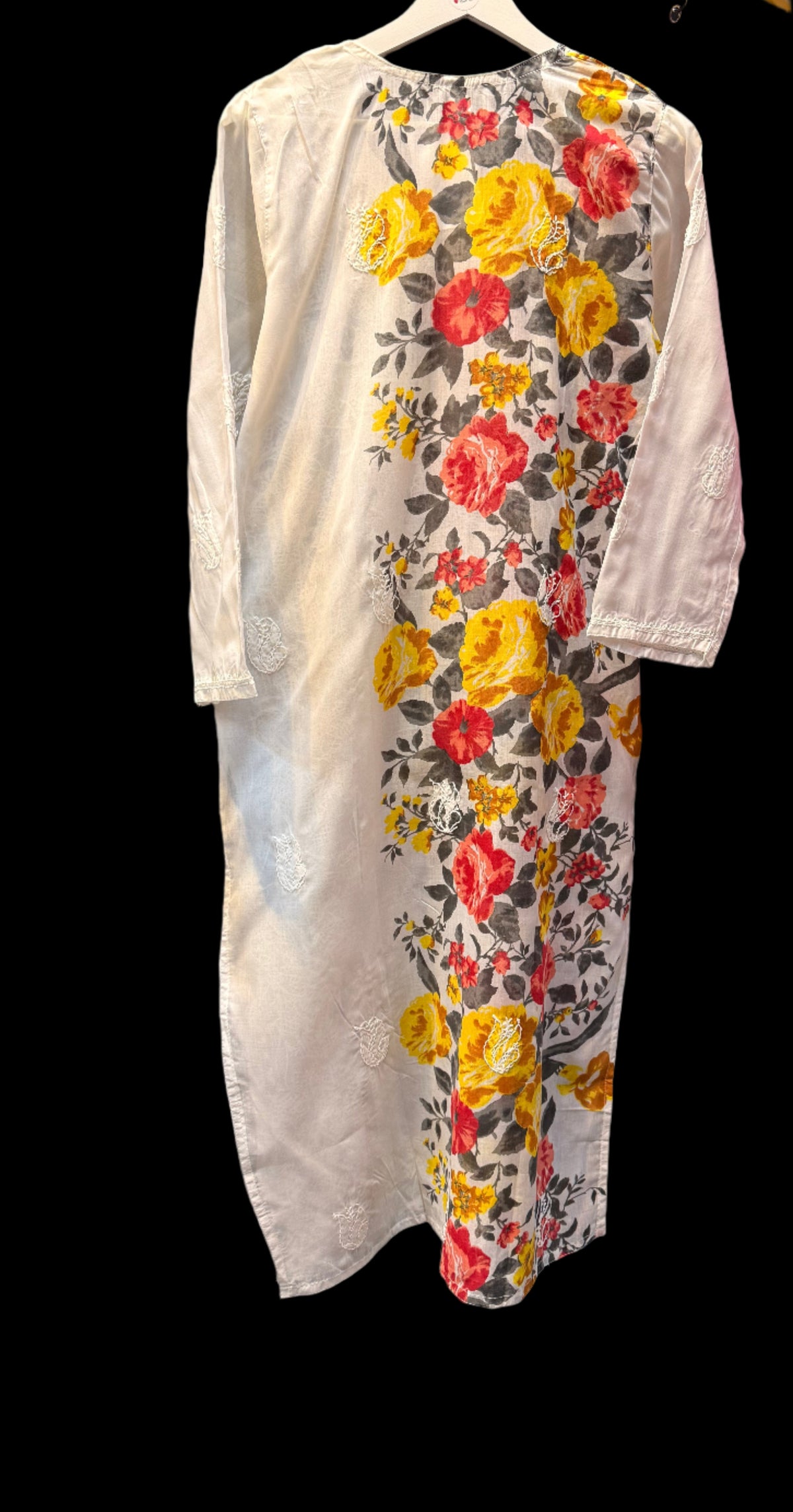 Hand-Painted Floral Chikankari Cotton Kurti for Women