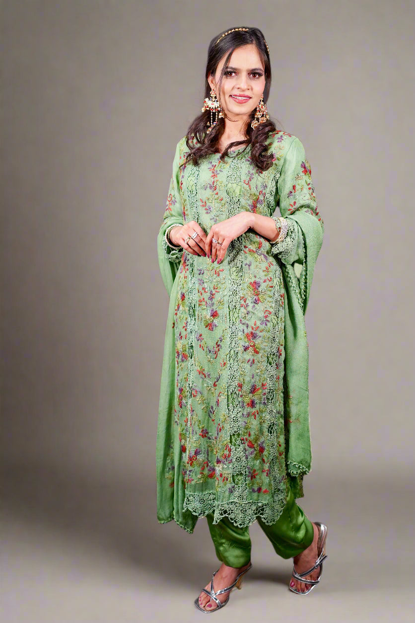 Handcrafted Green Pakistani Embroidered Suit – Shalwar Kameez Dupatta Set