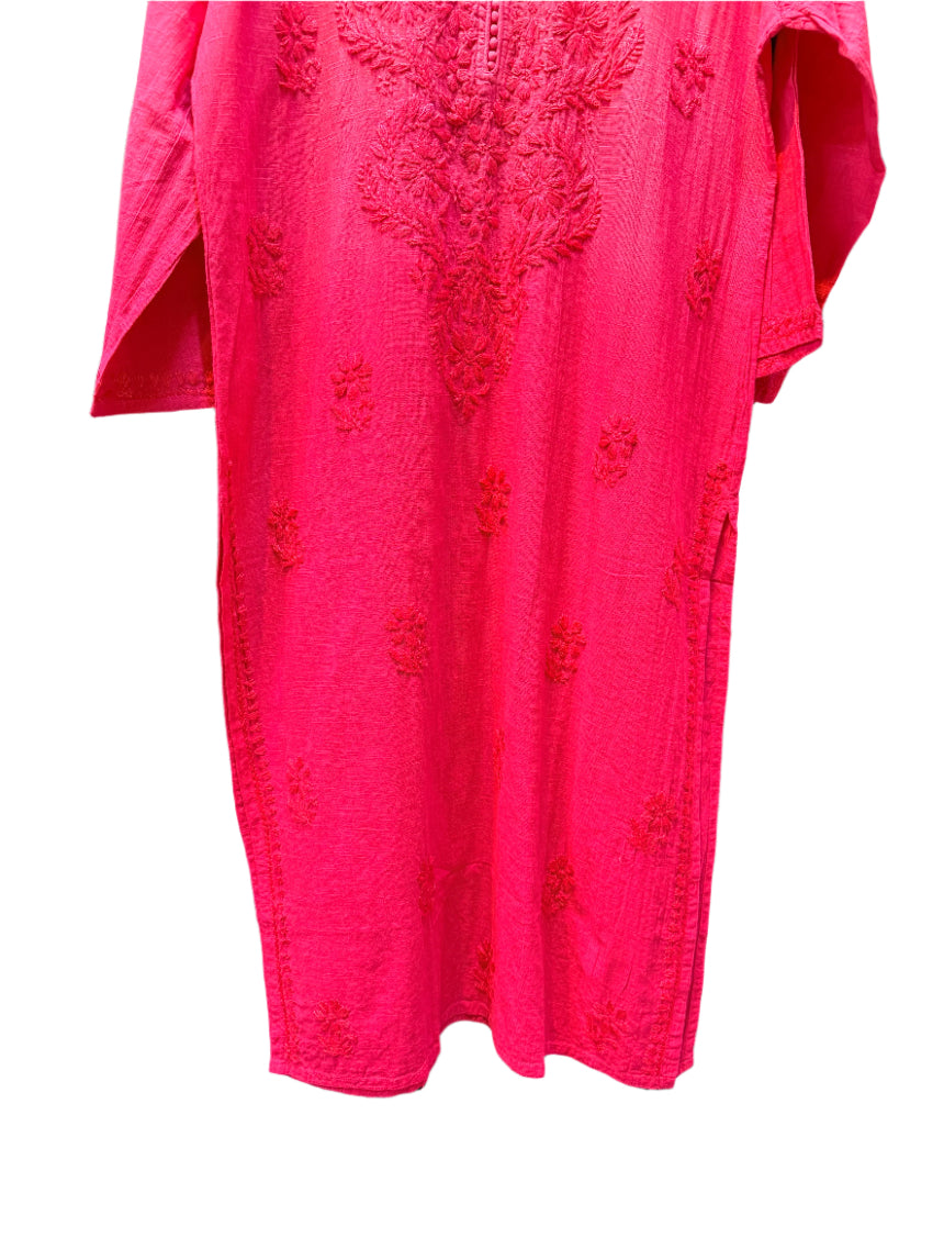 hot pink chikankari khadi kurti front bottom close up view