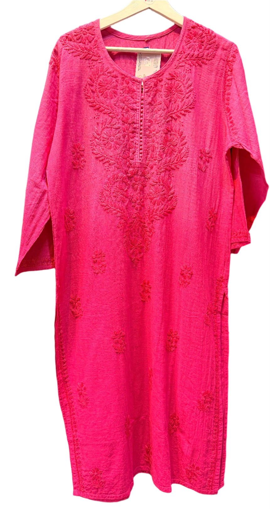 hot pink chikankari khadi kurti front view