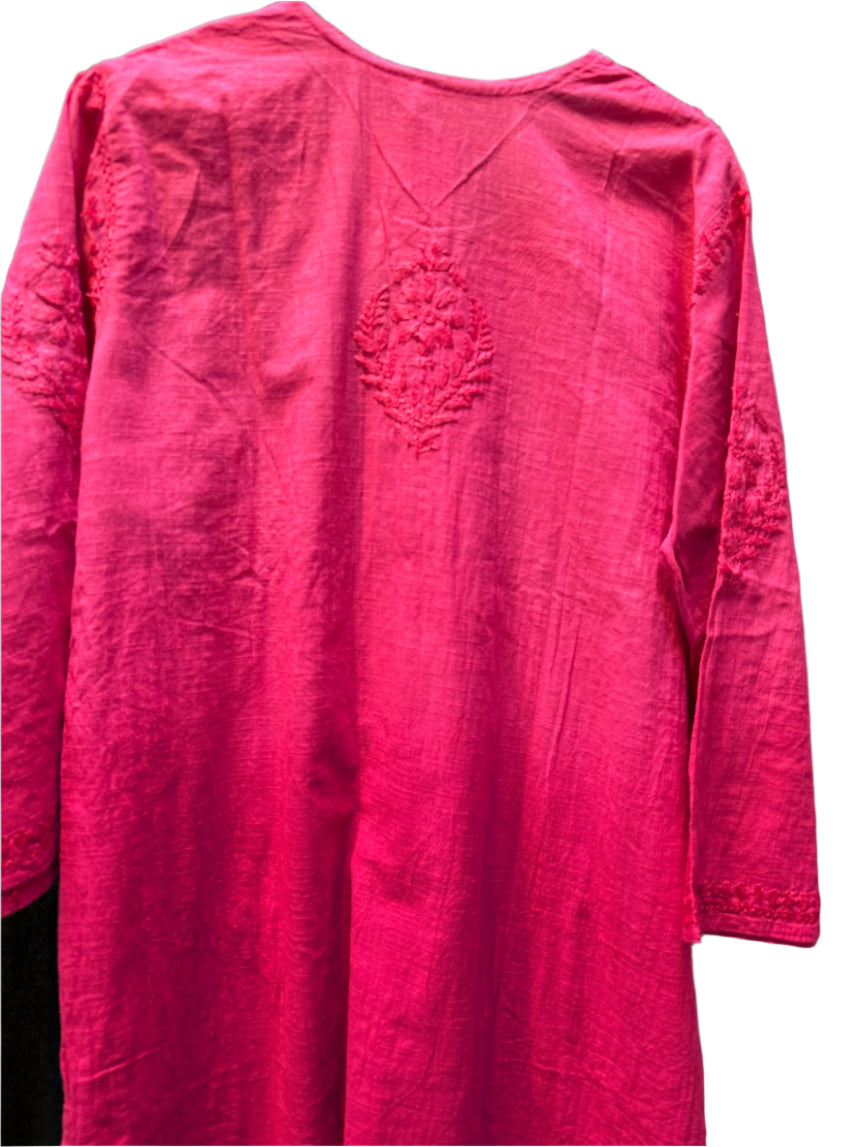 hot pink chikankari khadi kurti rear top close up view